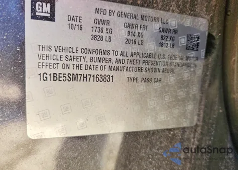 2017 Chevrolet Cruze Lt z USA, uszkodzony, nr VIN 1G1BE5SM7H7163831